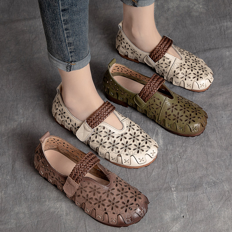 Mary Jane Shoes With Buckle Leather Women'S Breathable Flats Loafers Casual Sandals White/Green/Coffee