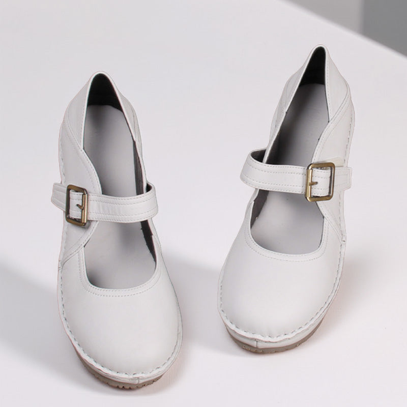 Mary Jane Wedge Heels Hook & Loop Handmade Leather Platforms in Brown/Black/White