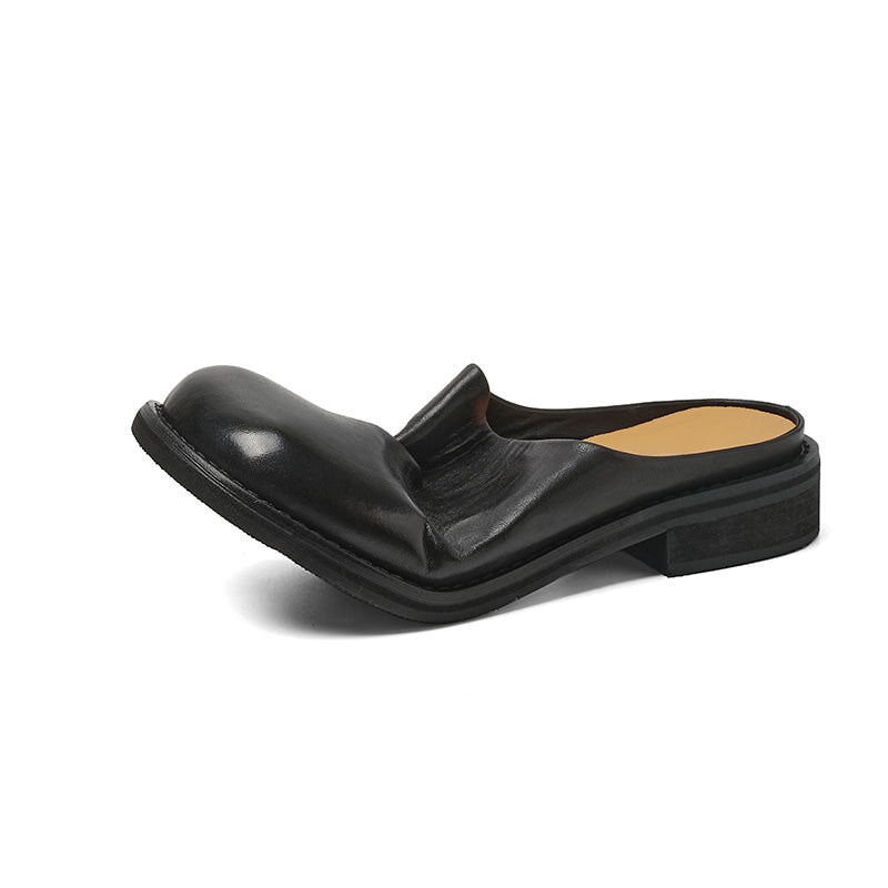 Minimalist Leather Mules for Women Round Toe Summer Slippers in Black/Wine Red