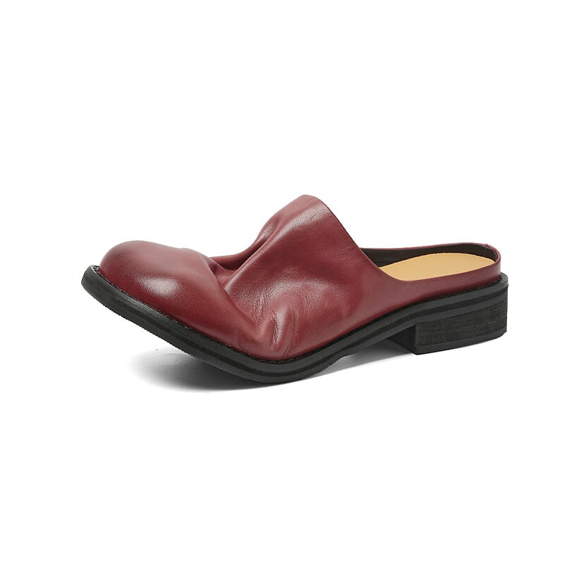Minimalist Leather Mules for Women Round Toe Summer Slippers in Black/Wine Red