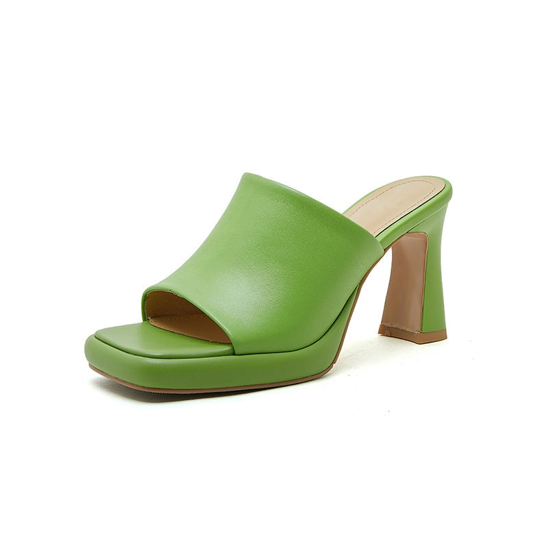 Minimalist Open Toe Backless Slippers for Women 80mm Leather Summer Pumps in White/Black/Green