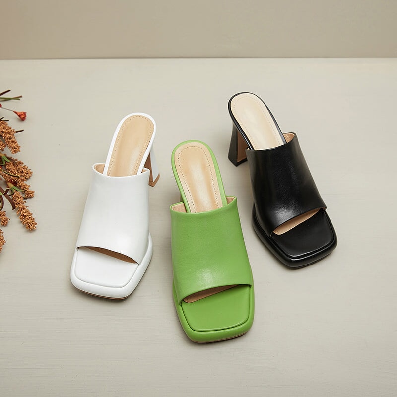 Minimalist Open Toe Backless Slippers for Women 80mm Leather Summer Pumps in White/Black/Green