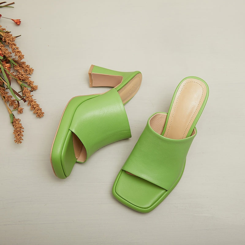 Minimalist Open Toe Backless Slippers for Women 80mm Leather Summer Pumps in White/Black/Green