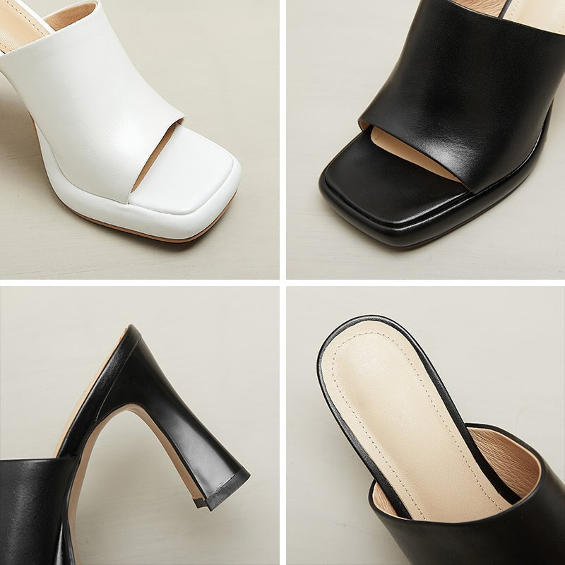 Minimalist Open Toe Backless Slippers for Women 80mm Leather Summer Pumps in White/Black/Green