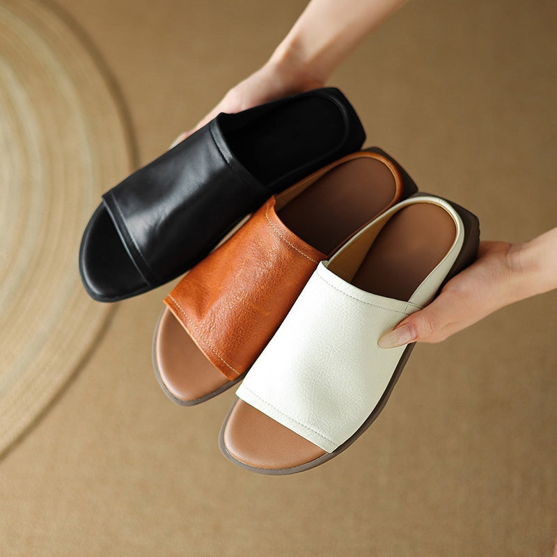 Minimalist Square Toe Cow Leather Slide Slippers Vintage Open Toe Summer Flats in Black/Brown/Beige