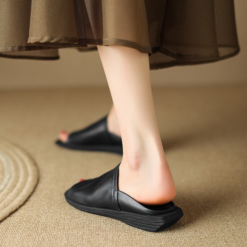 Minimalist Square Toe Cow Leather Slide Slippers Vintage Open Toe Summer Flats in Black/Brown/Beige
