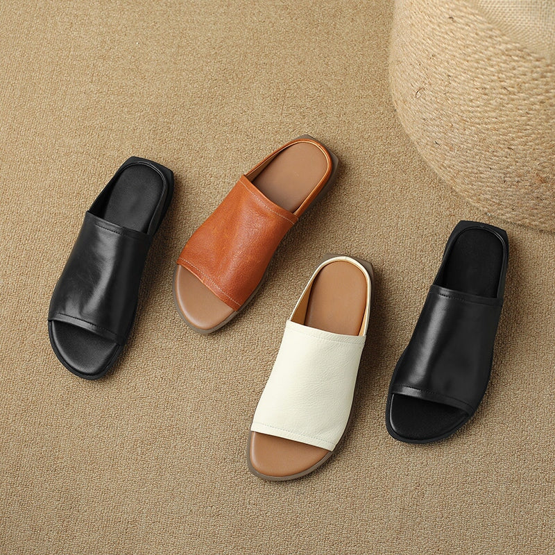 Minimalist Square Toe Cow Leather Slide Slippers Vintage Open Toe Summer Flats in Black/Brown/Beige