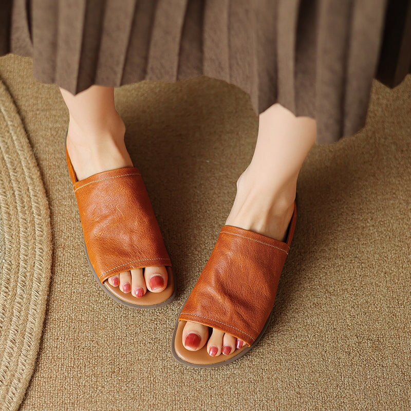 Minimalist Square Toe Cow Leather Slide Slippers Vintage Open Toe Summer Flats in Black/Brown/Beige