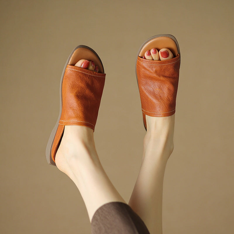 Minimalist Square Toe Cow Leather Slide Slippers Vintage Open Toe Summer Flats in Black/Brown/Beige