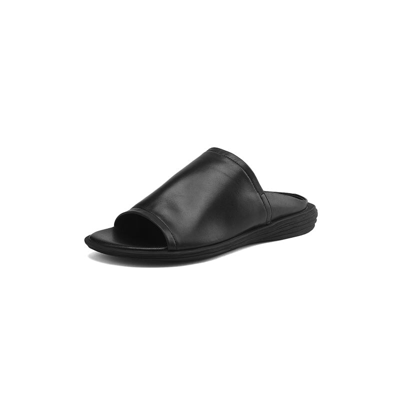 Minimalist Square Toe Cow Leather Slide Slippers Vintage Open Toe Summer Flats in Black/Brown/Beige