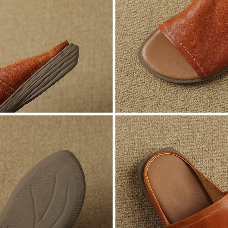 Minimalist Square Toe Cow Leather Slide Slippers Vintage Open Toe Summer Flats in Black/Brown/Beige