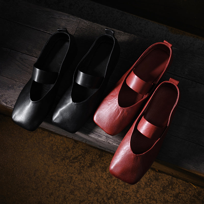 Minimalist Square Toe Handmade Horse Leather Mary Jane Flats in Black/Red