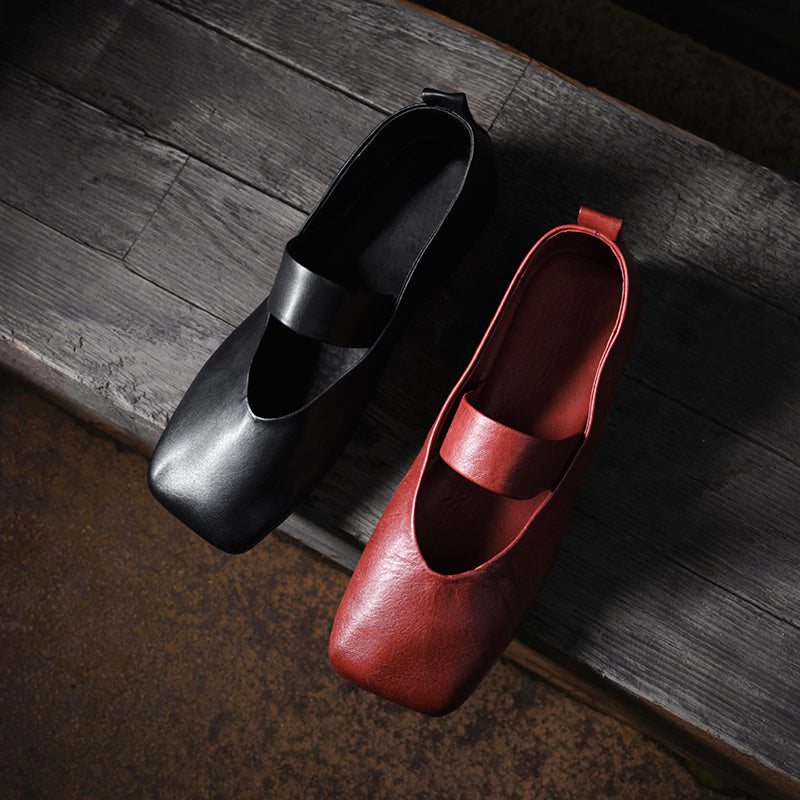 Minimalist Square Toe Handmade Horse Leather Mary Jane Flats in Black/Red
