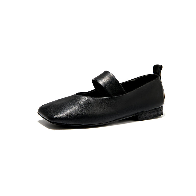 Minimalist Square Toe Handmade Horse Leather Mary Jane Flats in Black/Red