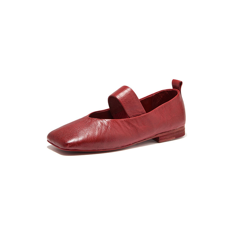 Minimalist Square Toe Handmade Horse Leather Mary Jane Flats in Black/Red