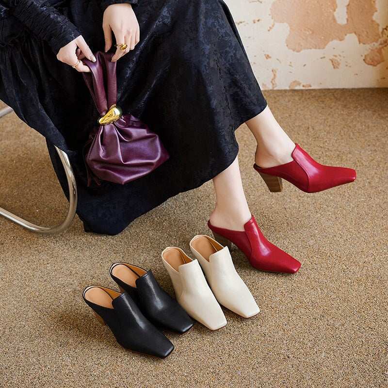 Minimalist Square Toe Handmade Sheepskin Mules 70mm Block Heel Summer Slippers in Beige/Black/Red