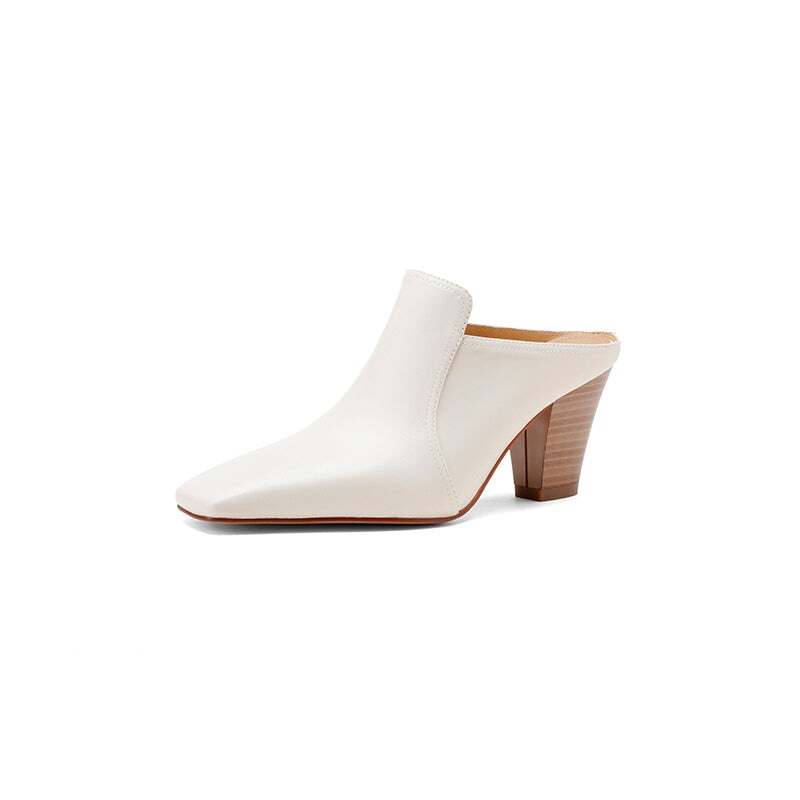 Minimalist Square Toe Handmade Sheepskin Mules 70mm Block Heel Summer Slippers in Beige/Black/Red