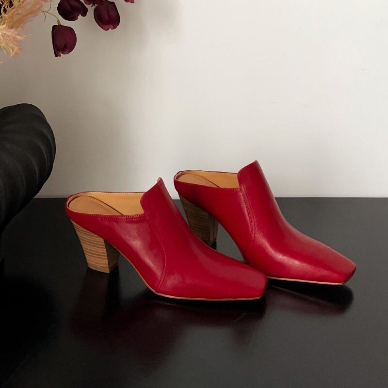 Minimalist Square Toe Handmade Sheepskin Mules 70mm Block Heel Summer Slippers in Beige/Black/Red
