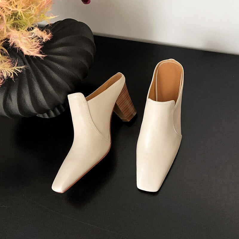 Minimalist Square Toe Handmade Sheepskin Mules 70mm Block Heel Summer Slippers in Beige/Black/Red