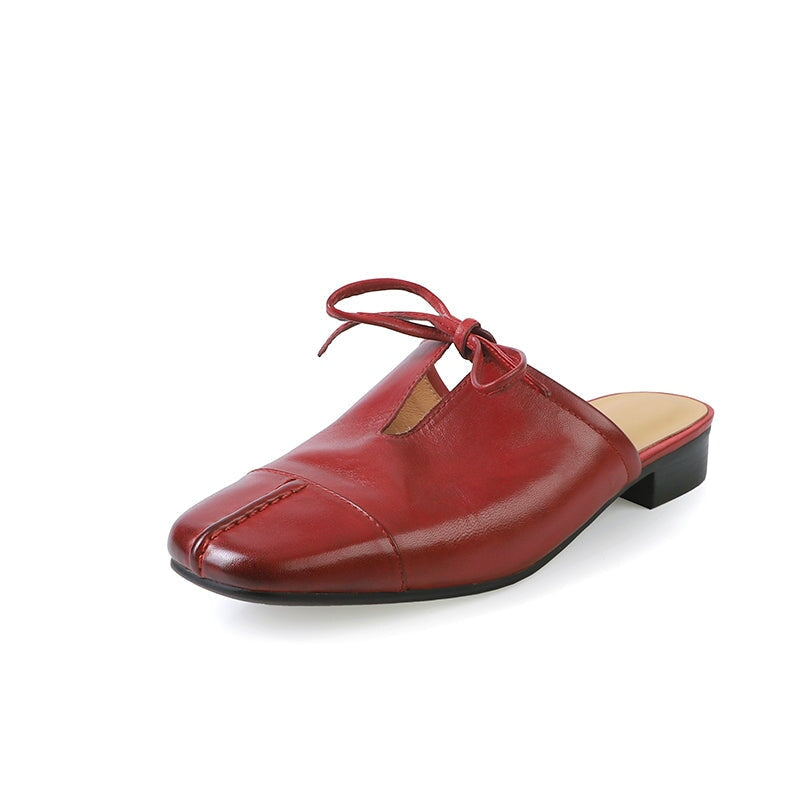 Minimalist Square Toe Lace-Up Leather Mules Closed-Toe Slip On in Black/White/Red