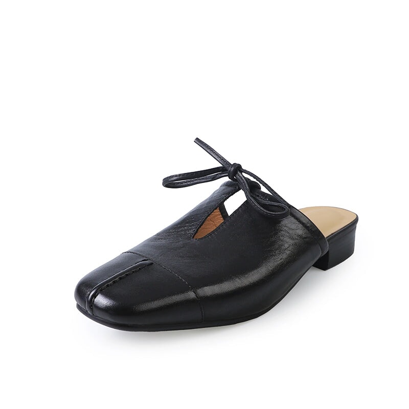 Minimalist Square Toe Lace-Up Leather Mules Closed-Toe Slip On in Black/White/Red