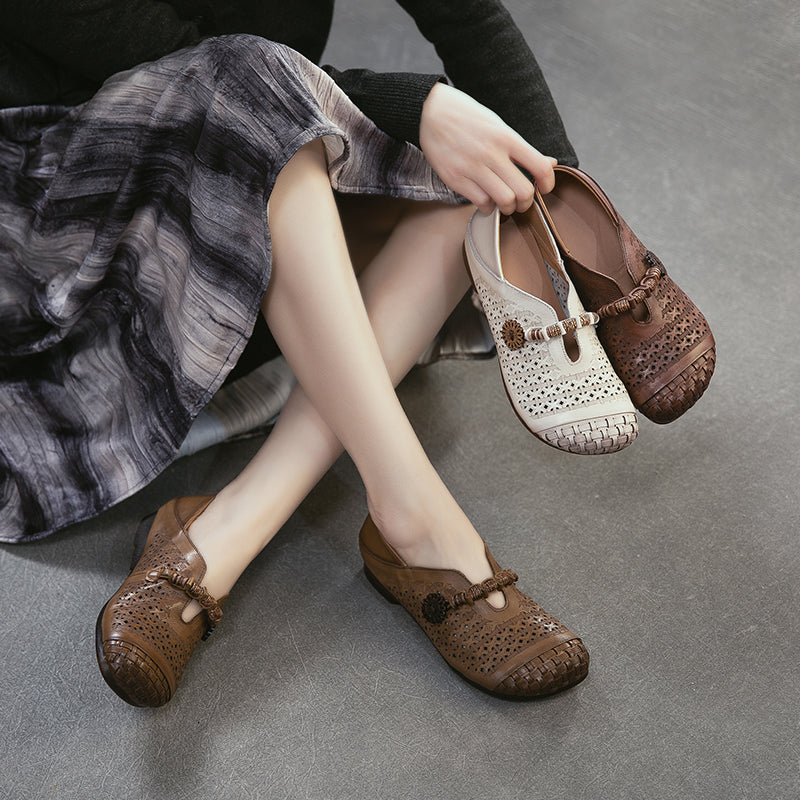 Mori Girl Cutout Mary Jane Flats Retro Handmade Leather Casual Shoes for Women in Khaki/Brown/Beige