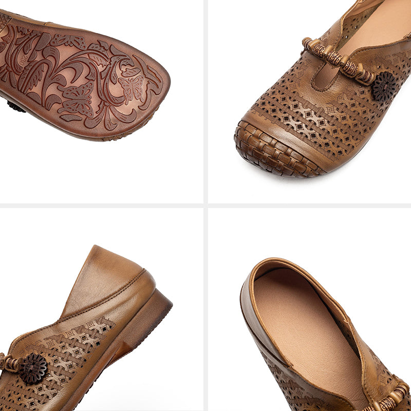 Mori Girl Cutout Mary Jane Flats Retro Handmade Leather Casual Shoes for Women in Khaki/Brown/Beige