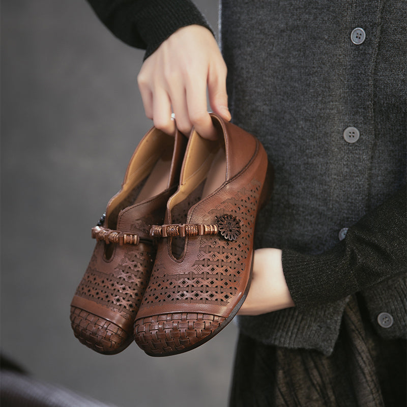 Mori Girl Cutout Mary Jane Flats Retro Handmade Leather Casual Shoes for Women in Khaki/Brown/Beige
