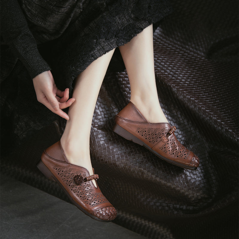 Mori Girl Cutout Mary Jane Flats Retro Handmade Leather Casual Shoes for Women in Khaki/Brown/Beige