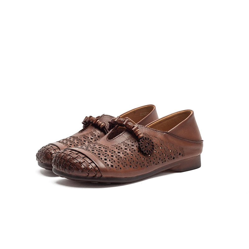 Mori Girl Cutout Mary Jane Flats Retro Handmade Leather Casual Shoes for Women in Khaki/Brown/Beige
