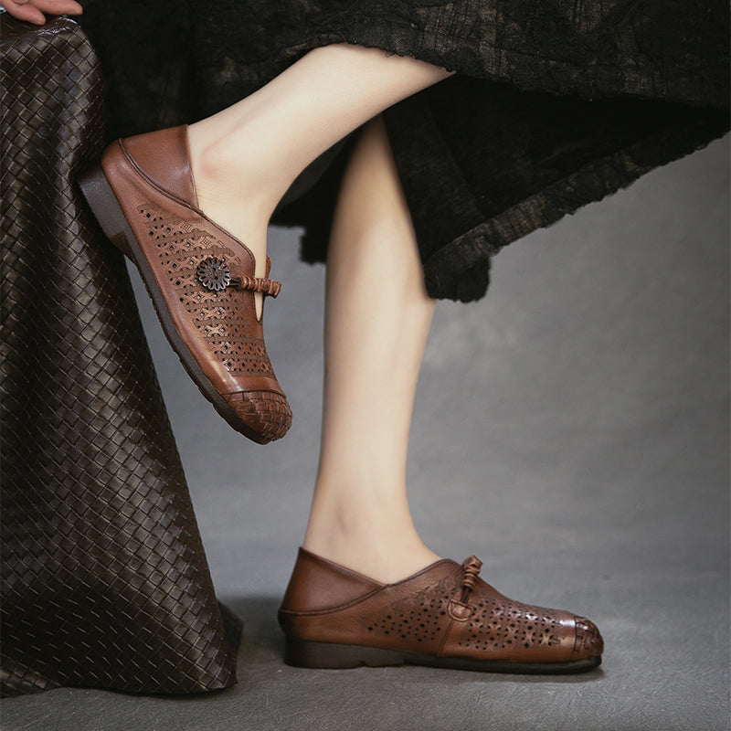 Mori Girl Cutout Mary Jane Flats Retro Handmade Leather Casual Shoes for Women in Khaki/Brown/Beige