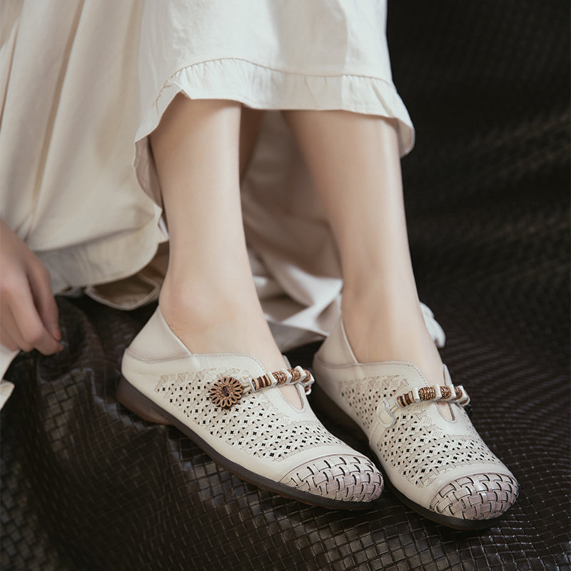 Mori Girl Cutout Mary Jane Flats Retro Handmade Leather Casual Shoes for Women in Khaki/Brown/Beige