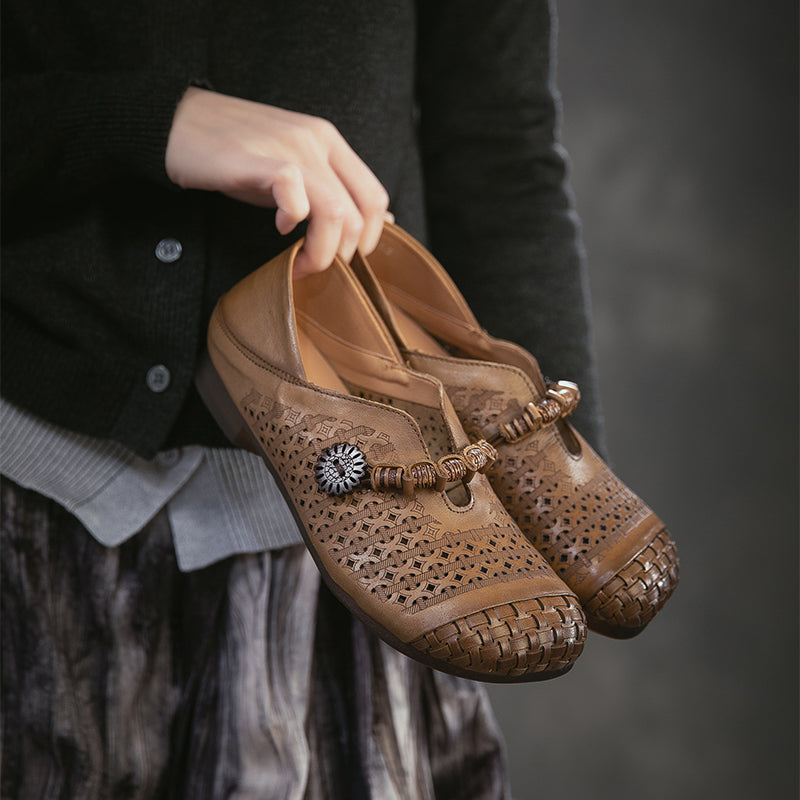 Mori Girl Cutout Mary Jane Flats Retro Handmade Leather Casual Shoes for Women in Khaki/Brown/Beige