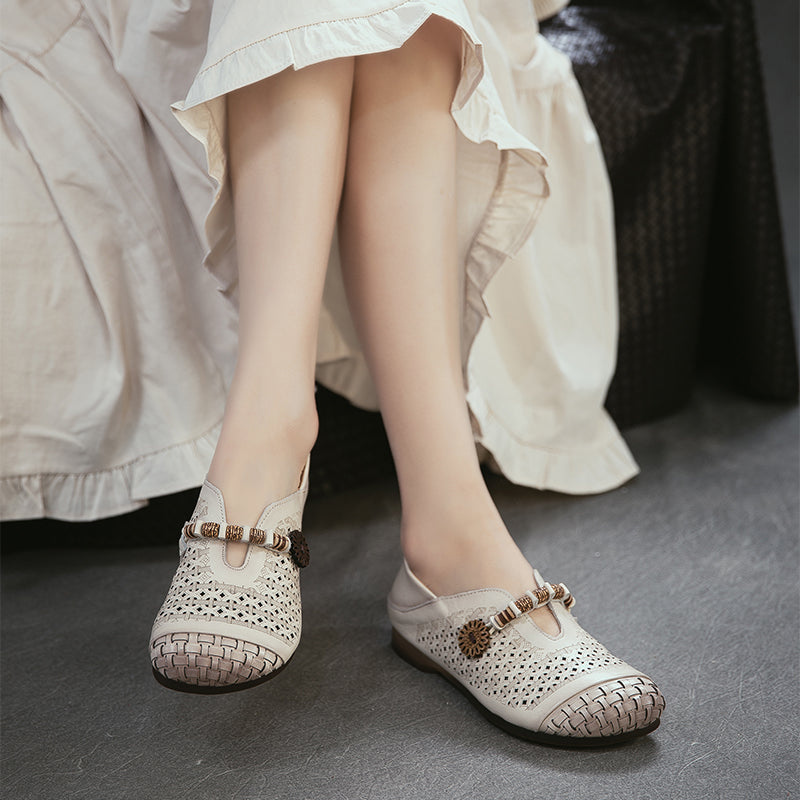 Mori Girl Cutout Mary Jane Flats Retro Handmade Leather Casual Shoes for Women in Khaki/Brown/Beige