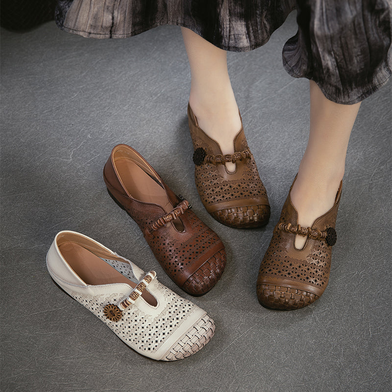 Mori Girl Cutout Mary Jane Flats Retro Handmade Leather Casual Shoes for Women in Khaki/Brown/Beige