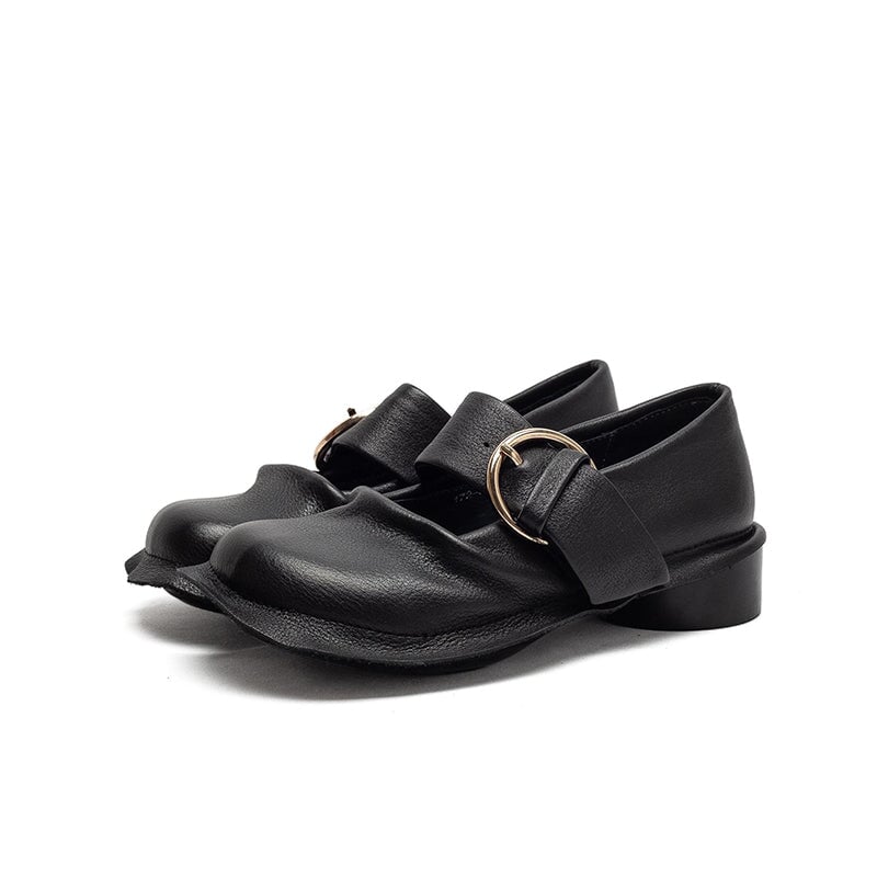 Mori Girl Handmade Full Grain Leather Buckle Mary Jane Shoes in Black/Brown