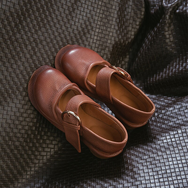 Mori Girl Handmade Full Grain Leather Buckle Mary Jane Shoes in Black/Brown