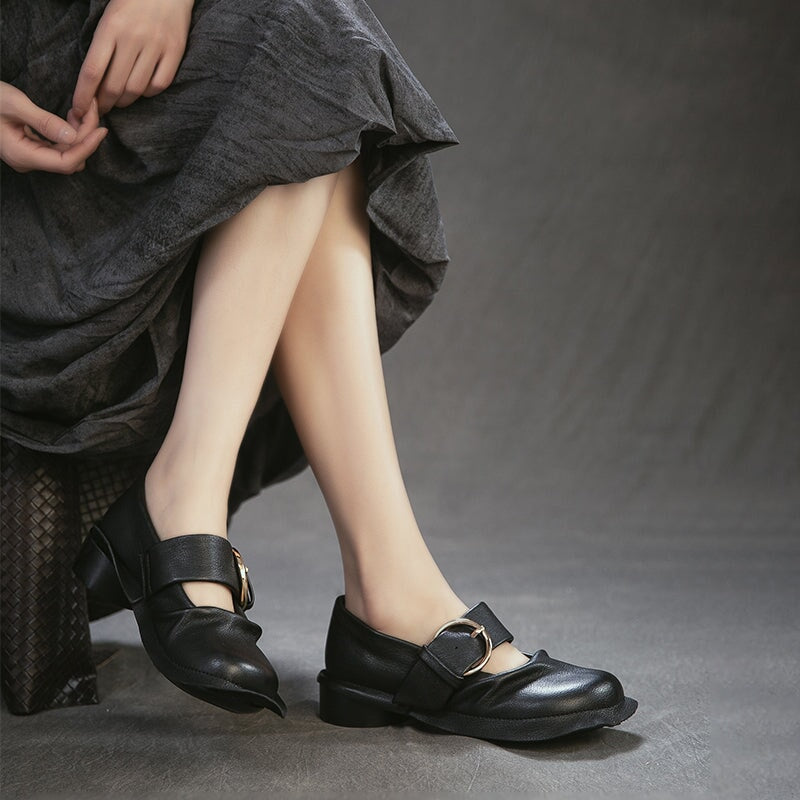 Mori Girl Handmade Full Grain Leather Buckle Mary Jane Shoes in Black/Brown