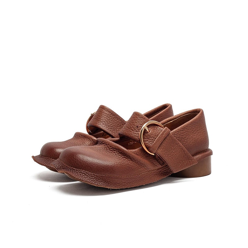 Mori Girl Handmade Full Grain Leather Buckle Mary Jane Shoes in Black/Brown