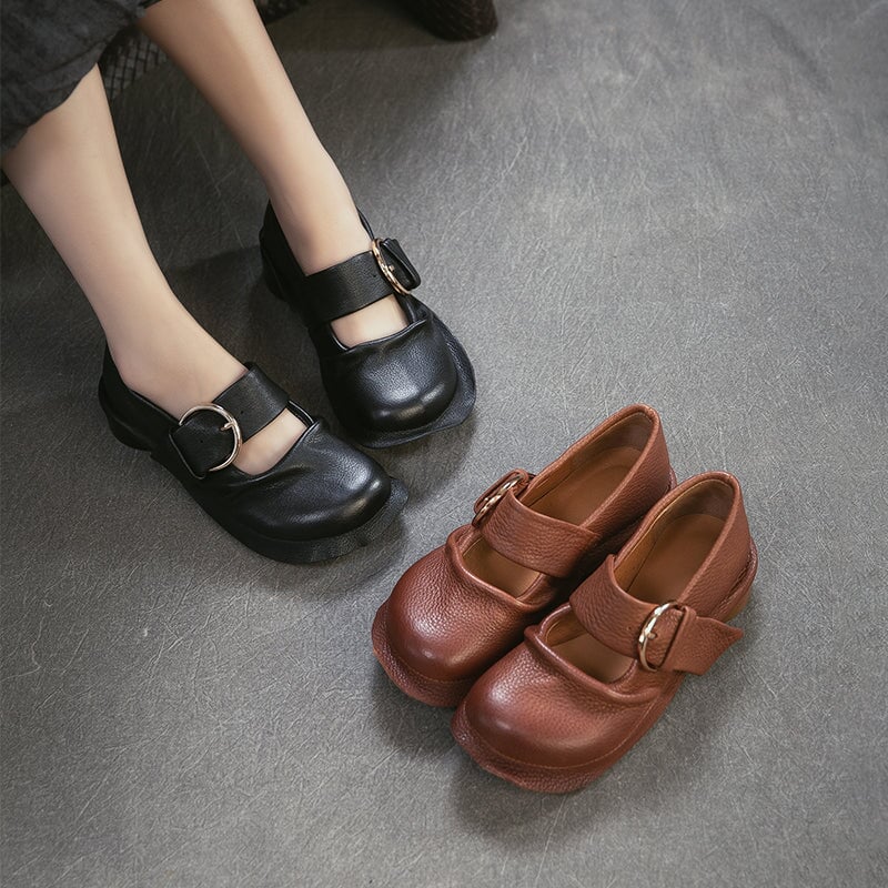 Mori Girl Handmade Full Grain Leather Buckle Mary Jane Shoes in Black/Brown