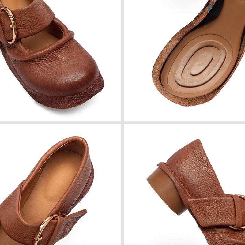 Mori Girl Handmade Full Grain Leather Buckle Mary Jane Shoes in Black/Brown