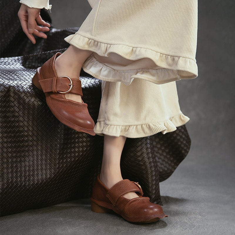 Mori Girl Handmade Full Grain Leather Buckle Mary Jane Shoes in Black/Brown