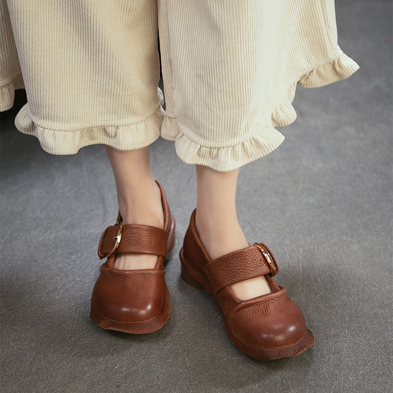 Mori Girl Handmade Full Grain Leather Buckle Mary Jane Shoes in Black/Brown