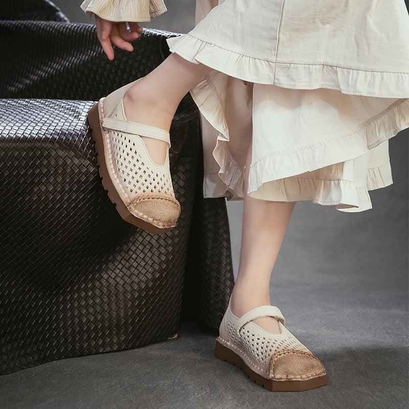 Mori Girl Soft Leather Perforated Mary Jane Shoes with Velcro in Green/Brown/Caramel/Apricot
