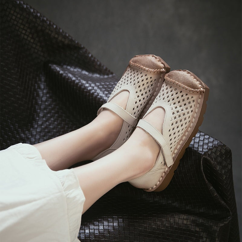 Mori Girl Soft Leather Perforated Mary Jane Shoes with Velcro in Green/Brown/Caramel/Apricot