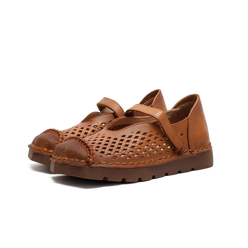 Mori Girl Soft Leather Perforated Mary Jane Shoes with Velcro in Green/Brown/Caramel/Apricot