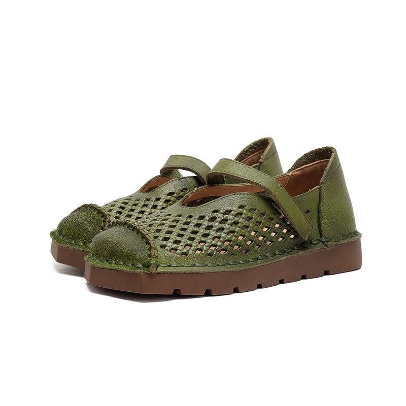 Mori Girl Soft Leather Perforated Mary Jane Shoes with Velcro in Green/Brown/Caramel/Apricot