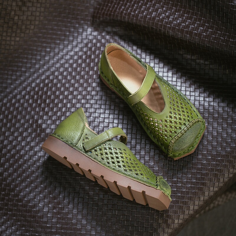 Mori Girl Soft Leather Perforated Mary Jane Shoes with Velcro in Green/Brown/Caramel/Apricot