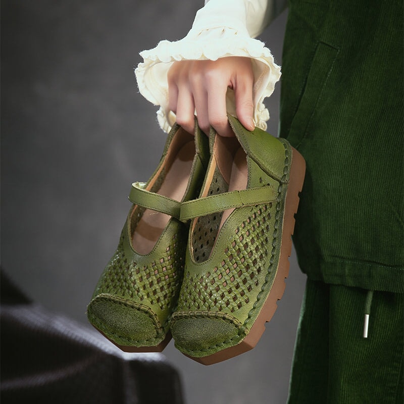 Mori Girl Soft Leather Perforated Mary Jane Shoes with Velcro in Green/Brown/Caramel/Apricot