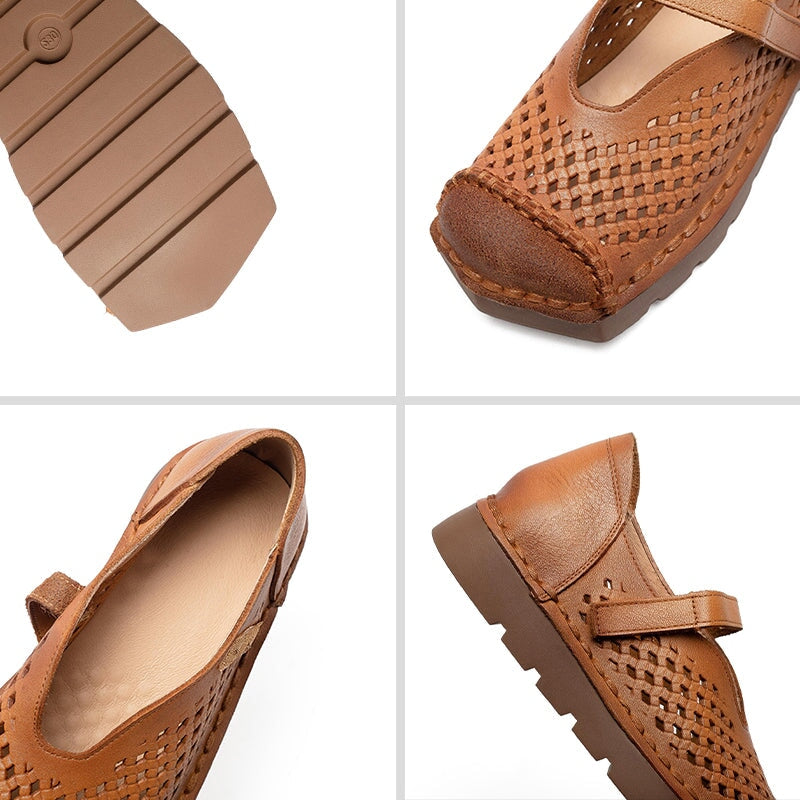 Mori Girl Soft Leather Perforated Mary Jane Shoes with Velcro in Green/Brown/Caramel/Apricot